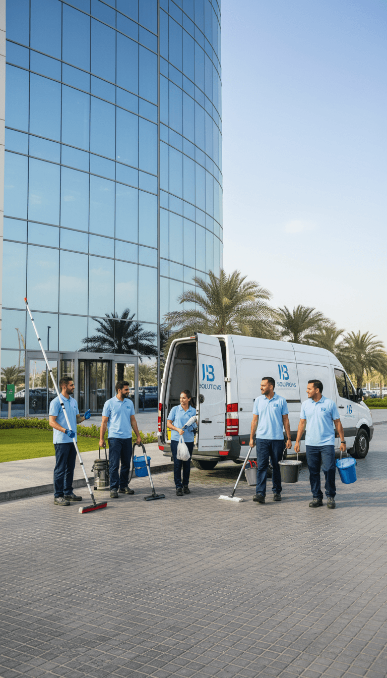 IB SOLUTIONS cleaning team arriving at a building, showcasing punctuality and professionalism.