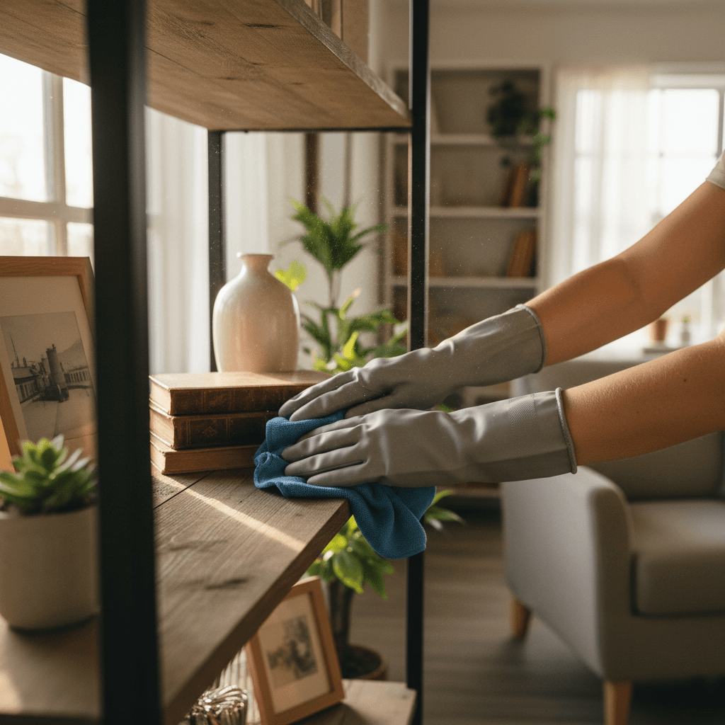 Gloved hands carefully dusting decorative shelf items with microfiber cloth in warm, natural light