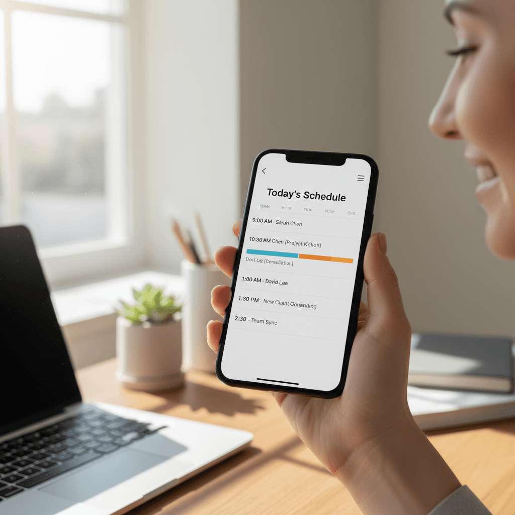 Small business owner checking smartphone calendar with scheduled appointments in bright home office