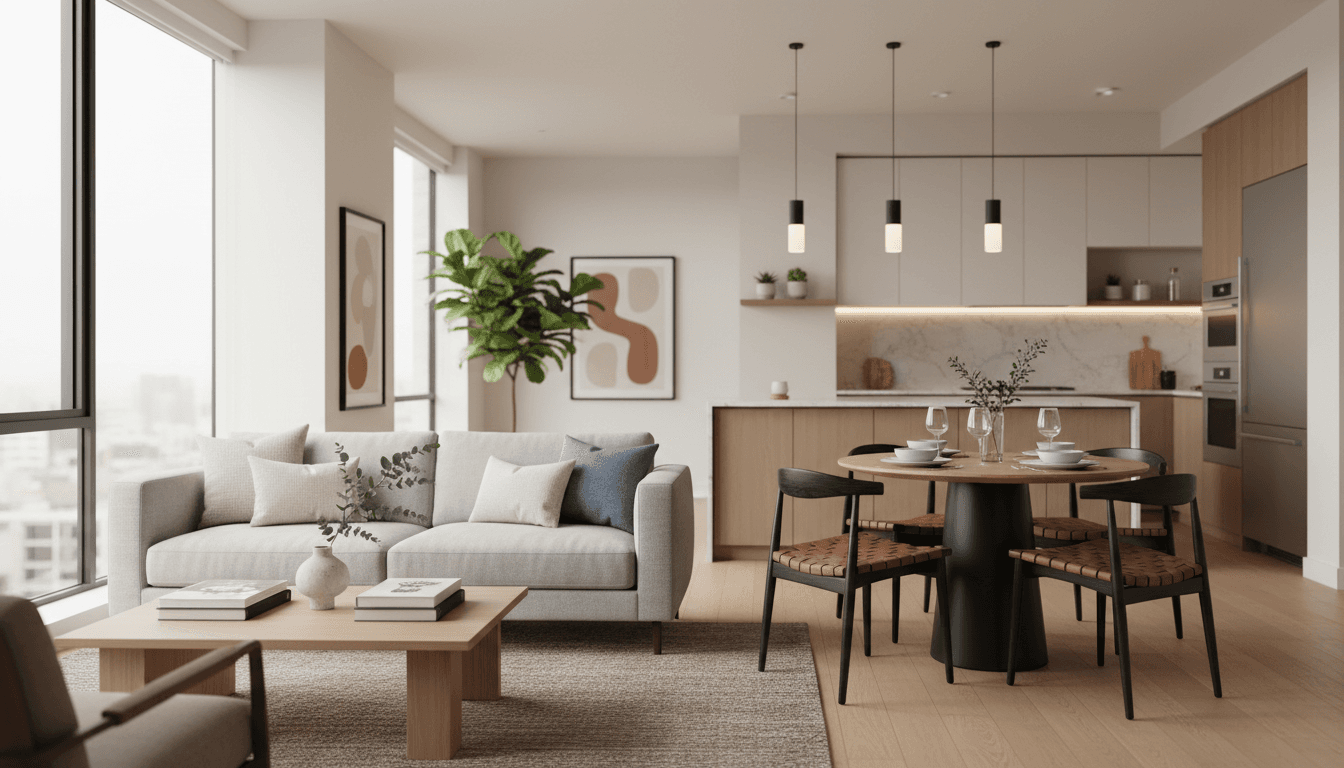 Modern furnished studio apartment with clean floors and natural light